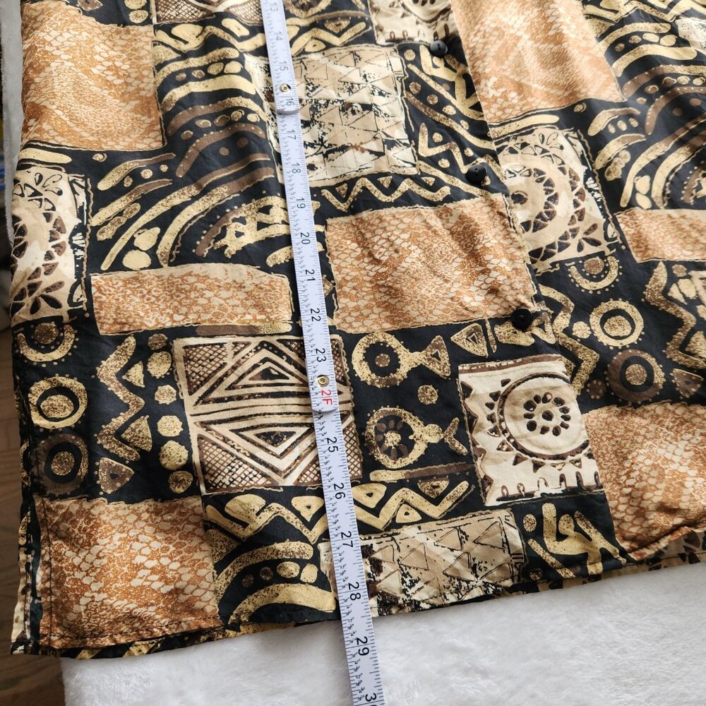 Vintage Gold Silk Blouse Medium Tribal Print Funky Multi Silk Ncounters 80s 90s - Picture 13 of 14